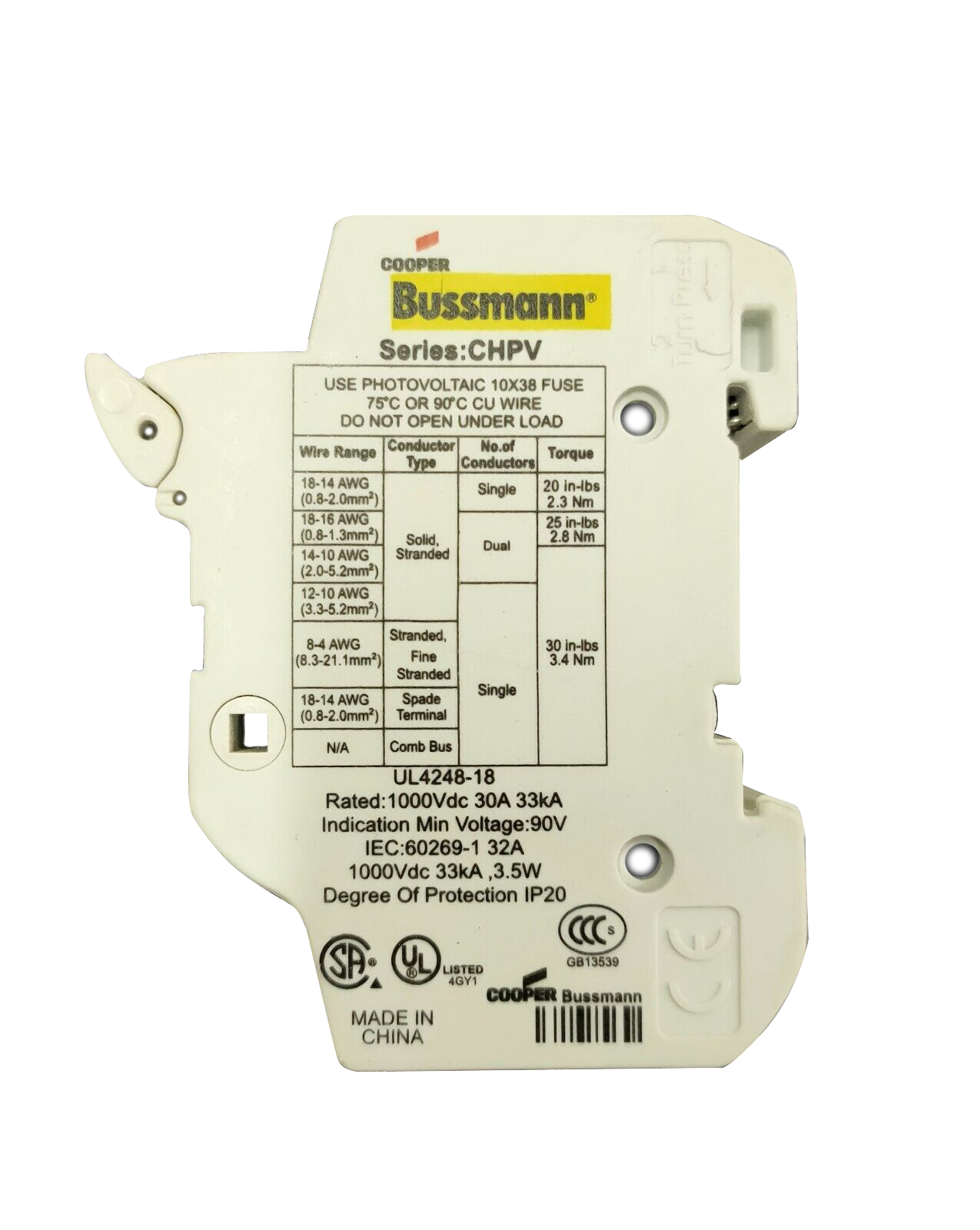 Cooper Bussmann Serie:CHPV Portafusibile 10x38 1000Vdc su barra DIN per fotovoltaico - immagine 2